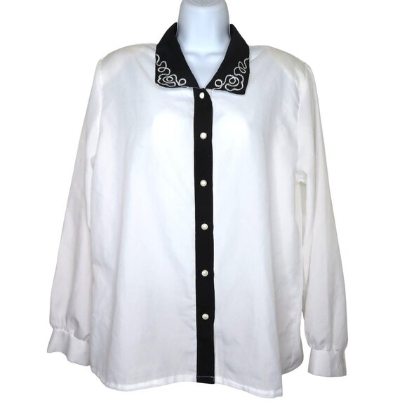 Vintage 80s Button-Up Blouse White Black Embroidery Collar Size 12 Western Style - Picture 8 of 12